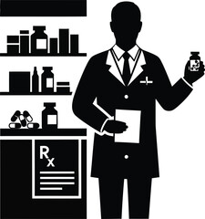 Professional silhouette of a pharmacist dispensing medication from a pharmacy with prescription sign and medicine bottles