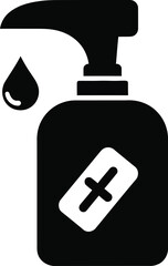 Hand sanitizer bottle with dispensing nozzle and falling droplet symbol in a minimalist black and white style emphasizing hygiene and infection control