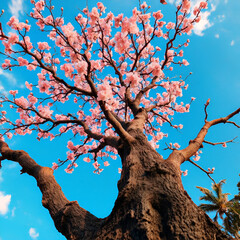 Fototapeta premium Blooming cherry tree branches with green leaves reaching towards the spring sky