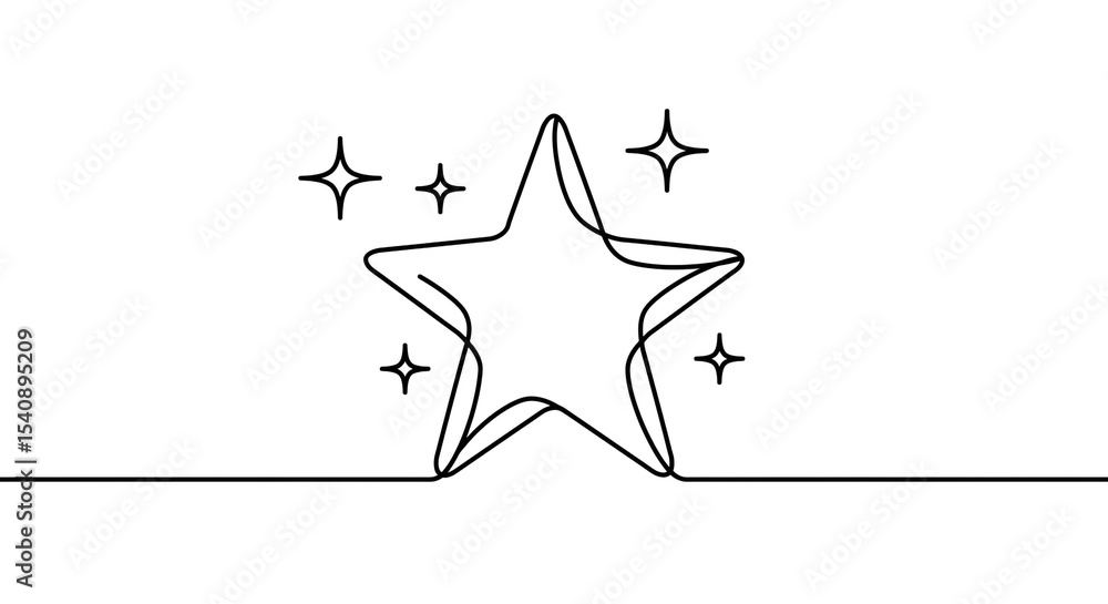 Aufkleber continuous line drawing of a star with sparkles on a white background in minimalist style art