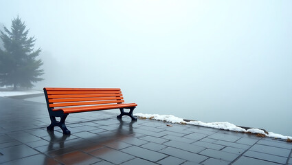 Orange bench in foggy winter park