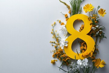 Obraz premium Bright Yellow Number Eight Surrounded by Colorful Flowers for Celebration