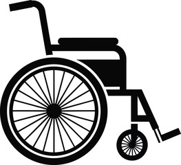 Black and white illustration of a wheelchair emphasizing mobility and accessibility symbol for medical and healthcare related content.