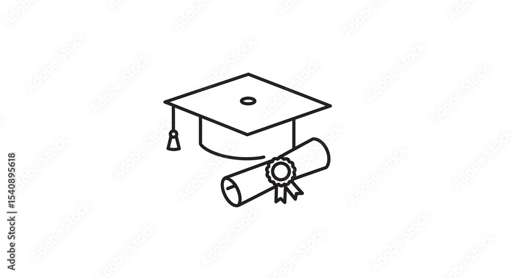 Poster a simple line drawing of a graduation cap and diploma scroll on a white background in a minimalist s