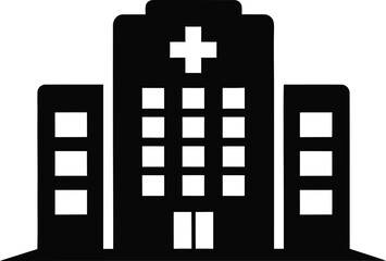 Black and white icon of a hospital building depicting medical care and healthcare symbolism suitable for health insurance and treatment
