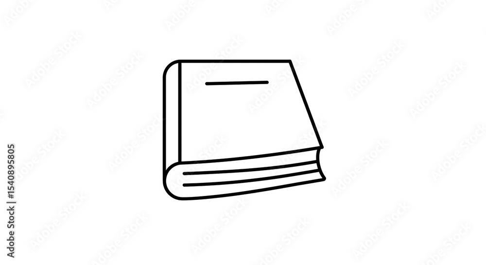 Poster a simple line drawing of a closed book with visible pages on a plain white background surface view