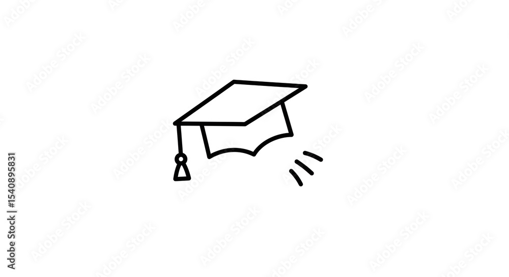 Poster a simple black and white line drawing of a graduation cap with a tassel and motion lines around it