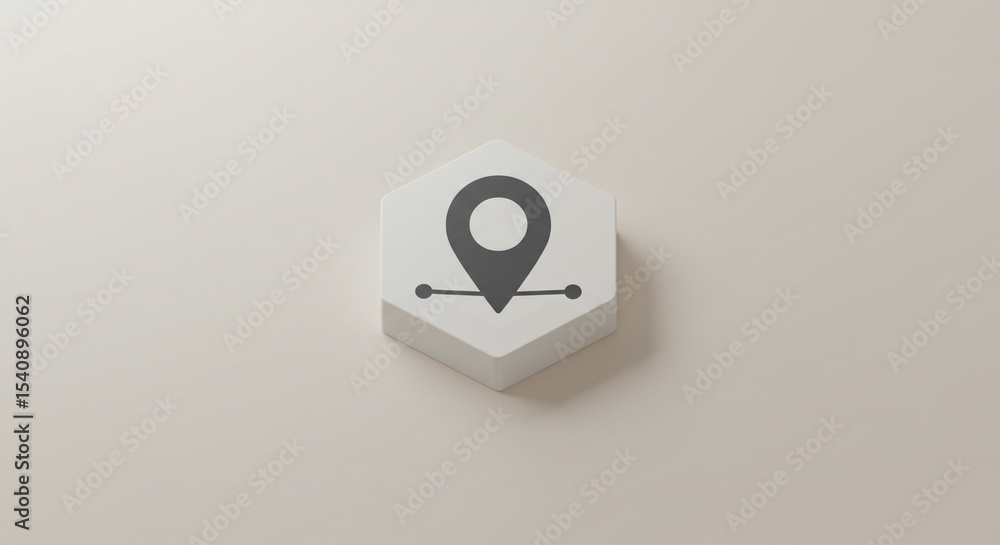 Poster a location icon on a white hexagon shape against a light beige background in a minimalist style