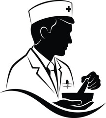 Professional pharmacist or doctor silhouette with mortar and pestle medical healthcare symbol for pharmacy and wellness