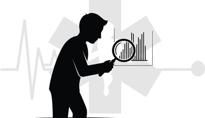 Silhouette of a person examining medical data charts using a magnifying glass for healthcare analysis and diagnostics