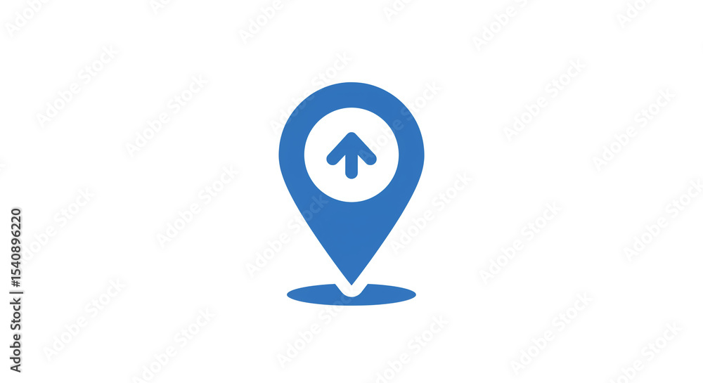 Poster blue map pin icon with an upward arrow inside a circle on a white background displayed centrally