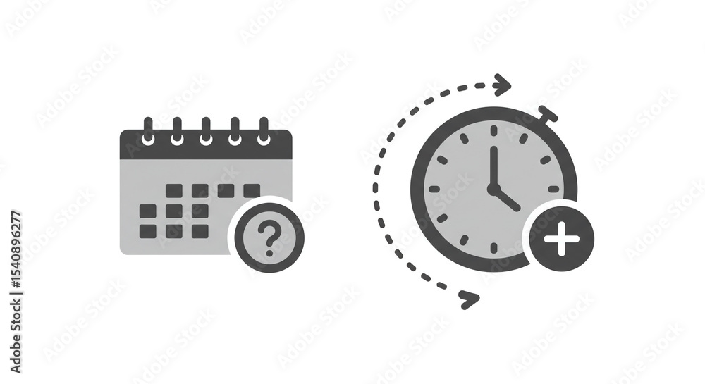 Aufkleber calendar with question mark and clock with plus sign on a white isolated background icon set