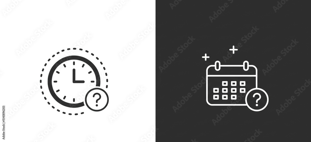 Aufkleber clock and calendar icons with question marks on a split white and black background in a simple style