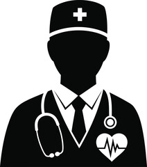 Silhouette of a doctor with stethoscope and heart symbol illustrating healthcare and medical profession concepts