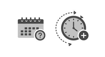 Calendar with question mark and clock with plus sign on a white isolated background icon set