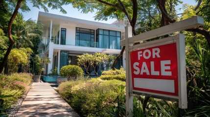 Real estate agent displaying vibrant red sale sign near contemporary luxury dwelling, showcasing immaculate swimming pool and meticulously landscaped garden surrounding property