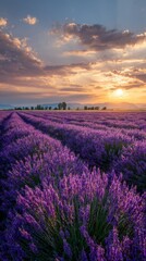 Lavender Fields Bloom Under a Vibrant Sunset in a Picturesque Landscape With Distant Mountains.