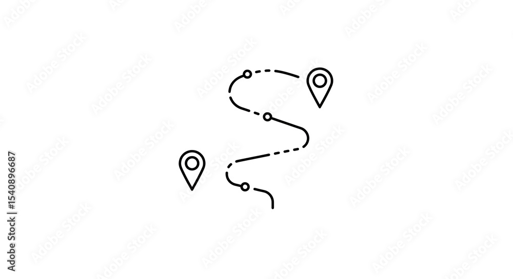 Poster illustration showing a winding dashed line path between two location pin markers on a white backgrou