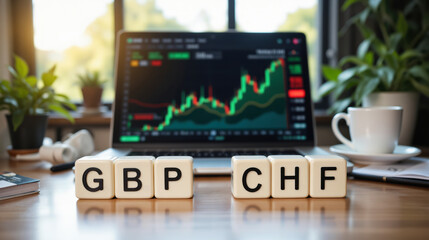 GBP CHF currency pair showing the exchange rate between British Pound and Swiss Franc in forex trading with copy space