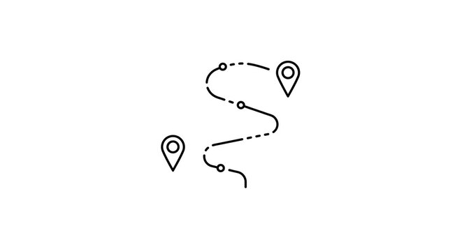 Illustration showing a winding dashed line path between two location pin markers on a white background