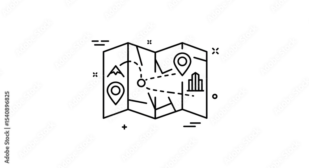 Poster a black and white line drawing of a map with landmarks and a dotted path on a white background