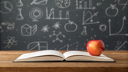 Scene with chalkboard, open book, apple, and hand-drawn school doodles (math, science, ABC) in white chalk
