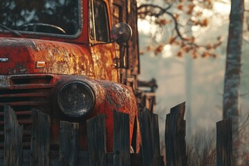 A weathered red truck stands rusty in a field, peeking over a wooden fence, hinting at forgotten stories.