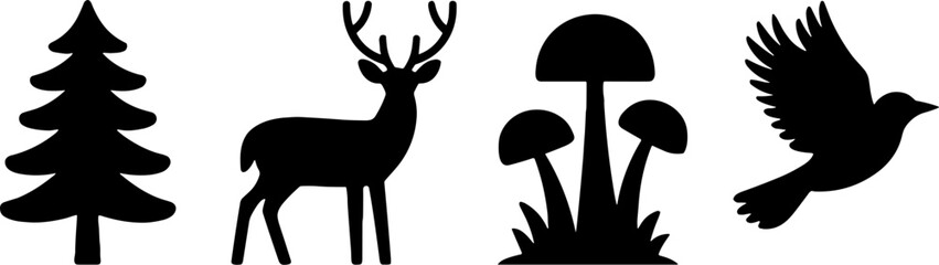Forest Natures Tree Deer Mushroom Bird Silhouette Set