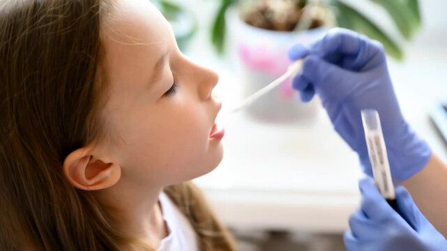 COVID-19 test and child, kid opens mouth for corona virus PCR testing, nurse holds swab to collect saliva from young girl.  