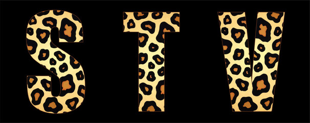 Vector font with jaguar's pattern on black background.
A set of cartoon letters of english alphabet for
women clothing, fabric, textile, paper, packaging, 
women's handbag, inscription on t-shirt.