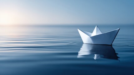 Delicate white origami boat drifting across calm water, reflecting golden sunrise light, symbolizing peaceful journey and quiet contemplation