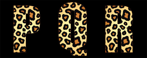 Vector font with jaguar's pattern on black background.
A set of cartoon letters of english alphabet for
women clothing, fabric, textile, paper, packaging, 
women's handbag, inscription on t-shirt.