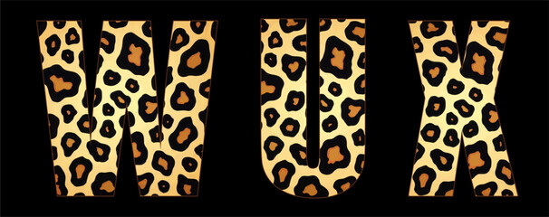 Vector font with jaguar's pattern on black background.
A set of cartoon letters of english alphabet for
women clothing, fabric, textile, paper, packaging, 
women's handbag, inscription on t-shirt.