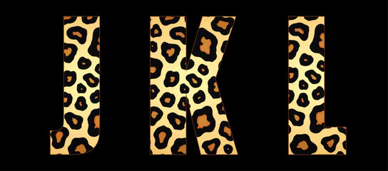 Vector font with jaguar's pattern on black background.
A set of cartoon letters of english alphabet for
women clothing, fabric, textile, paper, packaging, 
women's handbag, inscription on t-shirt.