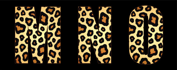 Vector font with jaguar's pattern on black background.
A set of cartoon letters of english alphabet for
women clothing, fabric, textile, paper, packaging, 
women's handbag, inscription on t-shirt.