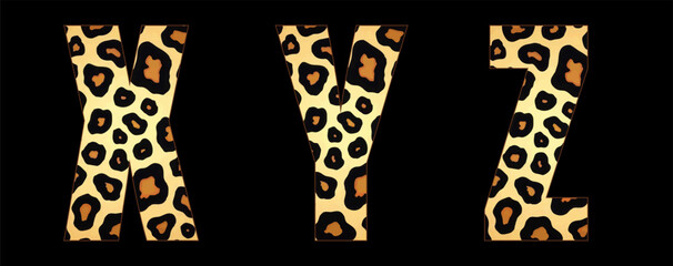 Vector font with jaguar's pattern on black background.
A set of cartoon letters of english alphabet for
women clothing, fabric, textile, paper, packaging, 
women's handbag, inscription on t-shirt.