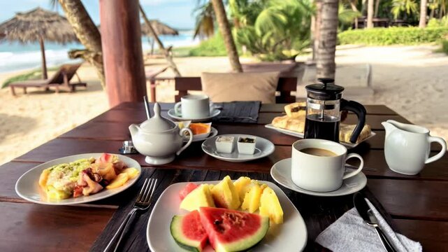 Breakfast on sea beach, wooden table with vegan food and coffee outdoor, buffet with fruits on ocean resort.
