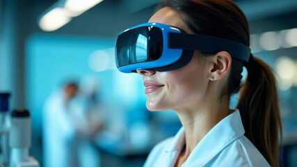Woman wearing VR headset in laboratory setting, realistic style, blurred lab background, concept of immersive scientific research technology - Powered by Adobe