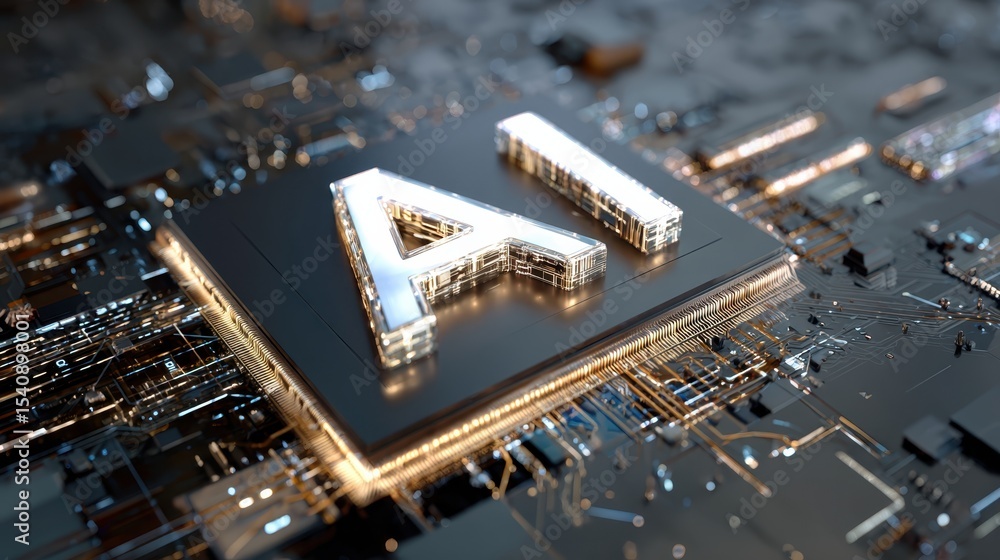 Poster glowing ai letters resting on circuit board, illuminating machine learning potential through intrica