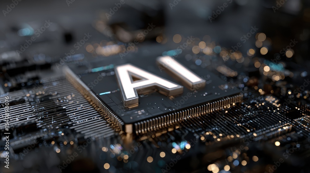 Poster glowing ai microchip resting on electronic circuit board, representing computational power, advanced