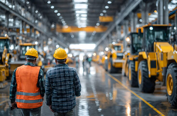 Engineers in hard hats inspecting equipment in industrial factory. Workers wearing safety gear using tablets, ensuring quality control. Metal production, heavy industry manufacturing, safety first.