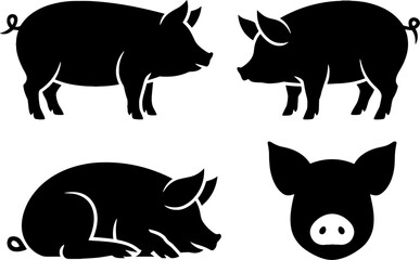 Fototapeta premium Black Silhouette Pig Set Farm Animal Pack