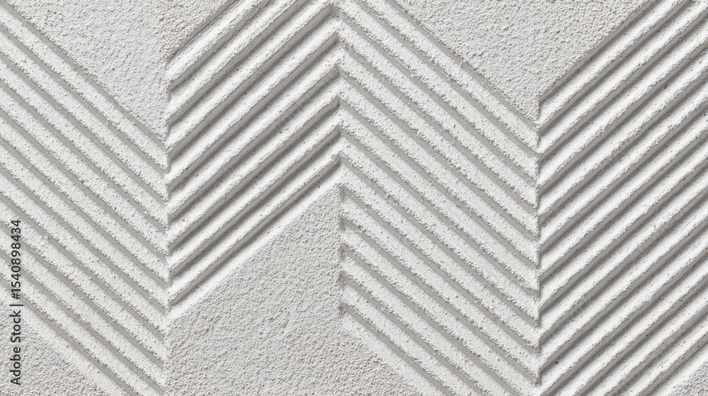 Poster textured white concrete wall displaying bold chevron pattern, highlighting geometric design with sha