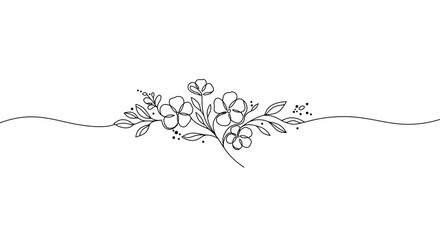 A delicate floral line drawing featuring flowers leaves and a thin wavy line on a white background
