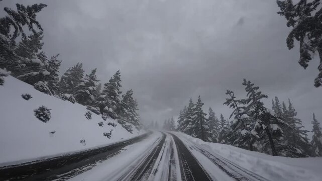 Snow-covered mountain road during winter storm with low visibility and pine trees, dangerous travel conditions scene for weather alert, emergency, or seasonal climate visuals