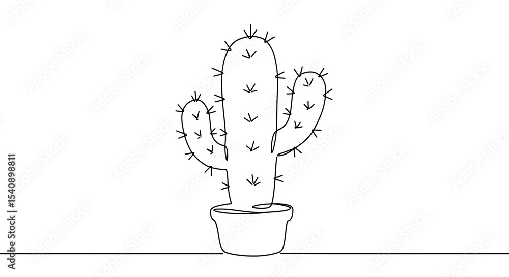 Aufkleber a single line drawing of a cactus in a pot on a line on a white background in a minimalist style