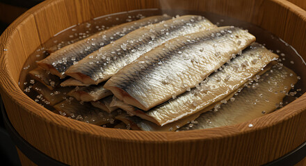 Dutch herring matjes (Netherlands). Hollandse Nieuwe herring fillets in brine solution, sugar-salt crystals on surface, stacked in oak barrels