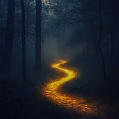 Fototapeta premium A glowing path winding through a misty forest