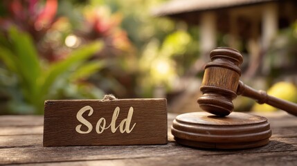 Wooden judge gavel lying near sold sign on rustic wooden surface, blurred garden background suggesting legal property transaction aftermath