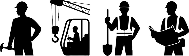 Construction Worker Silhouettes Safety Helmet Tools Equipment